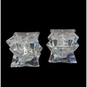 Star Glass Candle Taper Holder 24 % Lead Crystal Stackable Clear pair